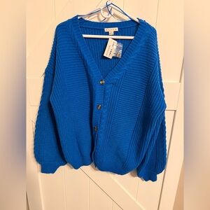 Large Ballon Sleeve Royal Blue Button-Up Women's Sweater Cardigan NWT $48 retail